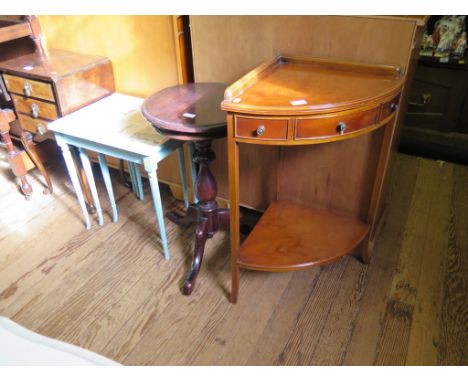 A Reproduction George III Style yew-wood corner washstand with frieze drawer and two dummy drawers, under shelf and outsplaye