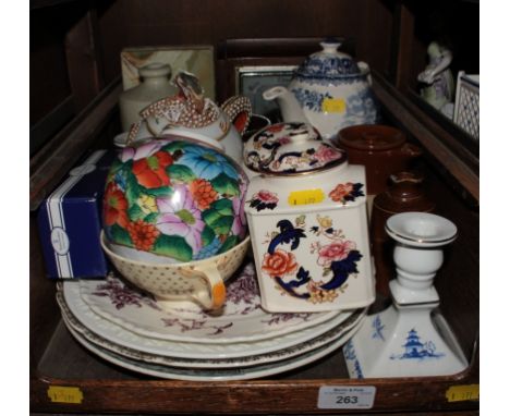 Various Masons tea caddies and plates, other ceramics and a barometer