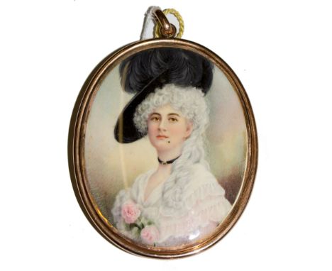 Gerald S. Haywood Portrait miniature on ivory of an unknown lady wearing black feather hat and roses in her white dress Signe