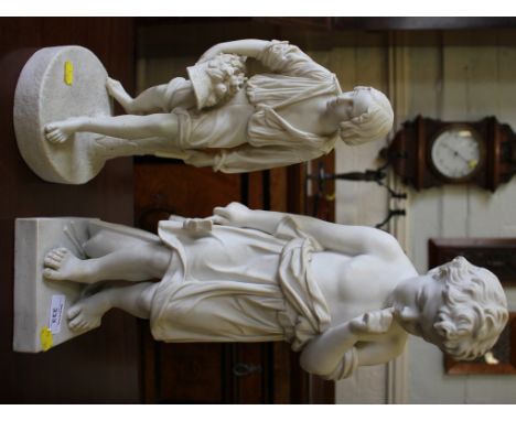 A Parian figure of a boy holding a hammer and sucking his thumb, the square base inscribed The Little Boat Builder/Hit the Wr