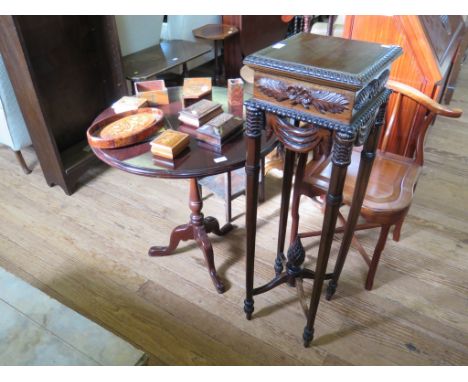 A George III style mahogany stained tripod table, 71cm diameter and a French style jardiniere stand, 105 cm high 