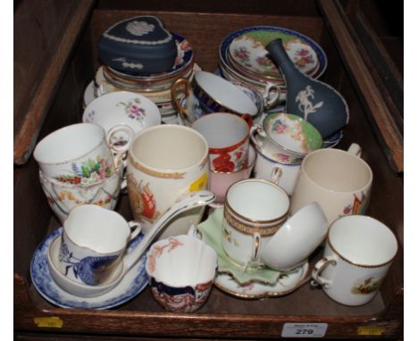 A variety of tea cups and saucers, some 19th century and two Wedgwood Jasperwares