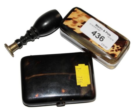 Turned wood brass seal, imitation tortoiseshell cigarette case and a horn and tortoiseshell snuff box, together with a silver
