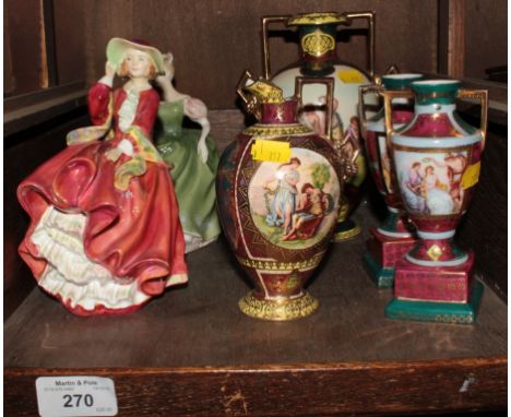 Two Royal Doulton figures: Top o' the Hill and Michele HN2234 and four Vierna style vases