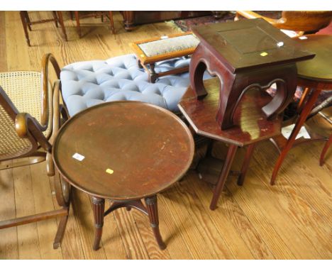 A Regency mahogany piano stool, converted to a table, with threaded column and reeded outsplayed legs, a low Chinese hardwood