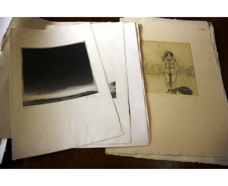A folio of unframed prints, woodblocks and etchings, various artists all signed in pencil: R. Chaplin, H.M. Donnell, Adam B M
