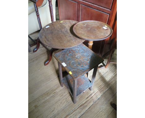 A mahogany and stained beech circular occasional table, parts 19th Century, 49cm diameter, a mahogany and elm tripod table 35