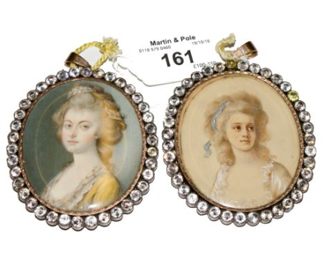 Early 19th century English School Portrait miniature on ivory of an unknown lady, and another, both in matching jewelled fram