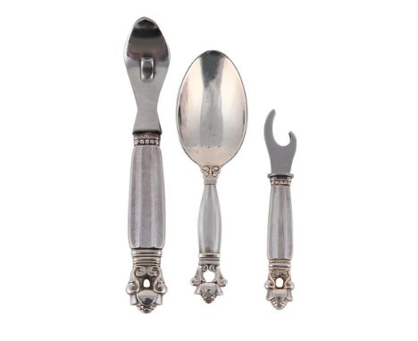 
	
		THREE DANISH SILVER COLOURED ITEMS
		GEORG JENSEN, ACORN PATTERN
		To include: two bottle openers and caddy spoon
		90g 