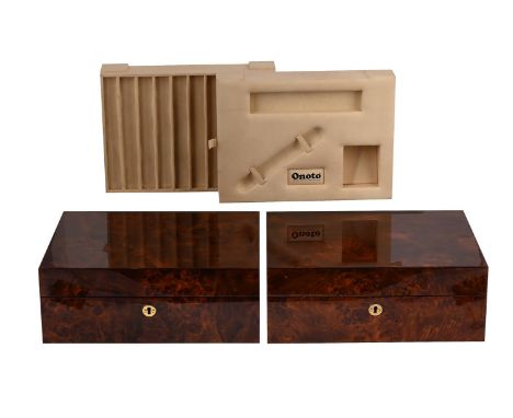 
	
		ONOTO, TWO COLLECTION BOXES
		The wood lacquered boxes, each with three removable tray inserts with wells for 10 pens ea
