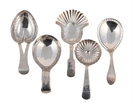 
	
		FIVE BRIGHT CUT CADDY SPOONS
		To include: a George III caddy spoon by John Lawrence &amp; Co., Birmingham 1817, with a 