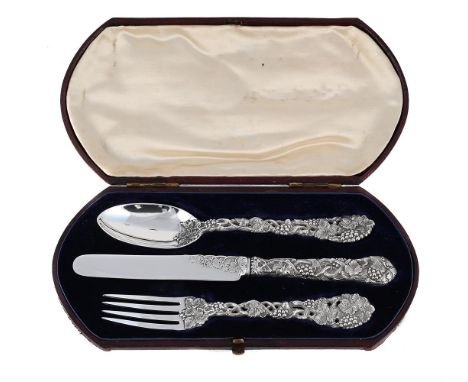 
	
		A CASED VICTORIAN SILVER CHRISTENING KNIFE, FORK AND SPOON
		FRANCIS HIGGINS, LONDON 1871 (1) AND 1872 (2)
		Pierced and