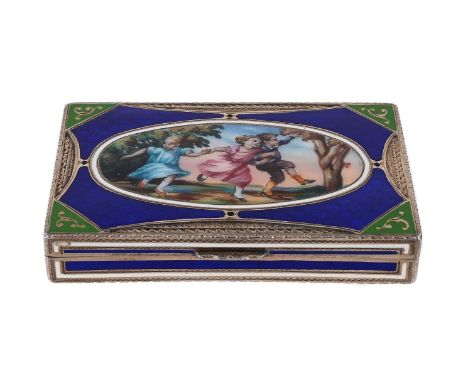 
	
		A SILVER AND ENAMEL RECTANGULAR BOX
		SPONSORS MARK FOR T. C. &amp; SON LTD., IMPORT MARK FOR LONDON 1925
		The cover en