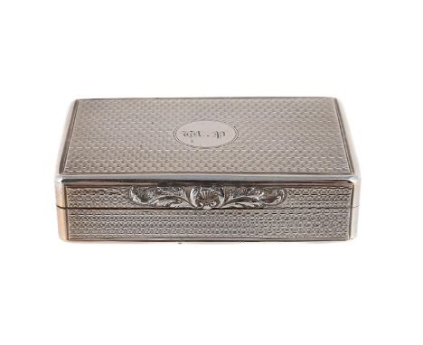 
	
		A WILLIAM IV SILVER ENGINE TURNED RECTANGULAR BOX
		NATHANIEL MILLS, BIRMINGHAM 1835
		With engine turned decoration, en