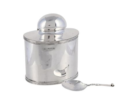 
	
		A SILVER OVAL TEA CADDY WITH CADDY SPOON
		GEORGE UNITE, BIRMINGHAM 1911
		The caddy with a domed cover and reeded borde