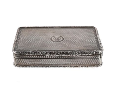 
	
		A VICTORIAN SILVER RECTANGULAR BOX
		EDWARD EDWARDS II, LONDON 1844
		With engine turned decoration, chased foliate bord