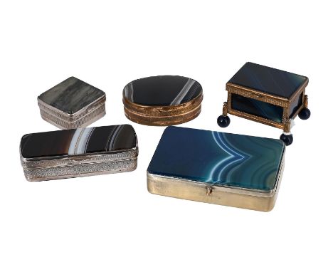 
	
		A COLLECTION OF AGATE BOXES
		To include: a silver coloured and agate mounted rectangular box, unmarked, with engine tur