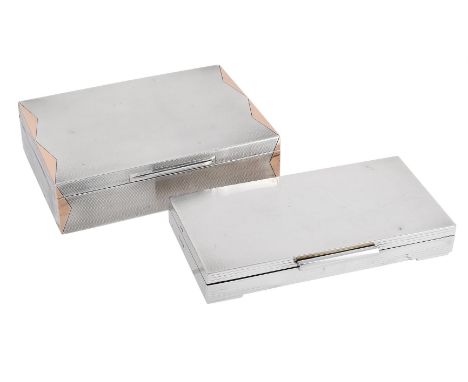 
	
		A SILVER AND SILVER GILT RECTANGULAR CIGARETTE BOX
		MAKER&#39;S MARK OBSCURED, LONDON 1937
		With engine turned decorat