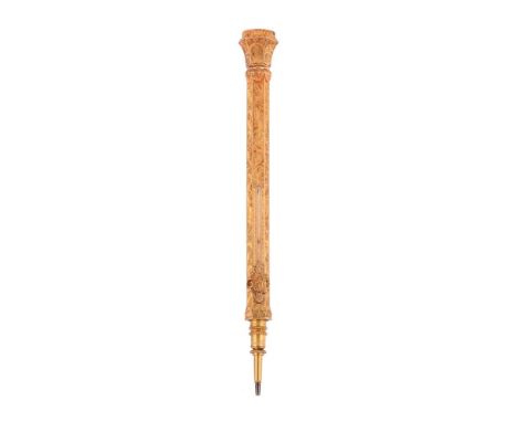 
	
		A VICTORIAN GOLD PROPELLING PENCIL IN ORIGINAL CASE 
		CIRCA 1870
		The hexagonal barrel with engraved scrolled acanthus