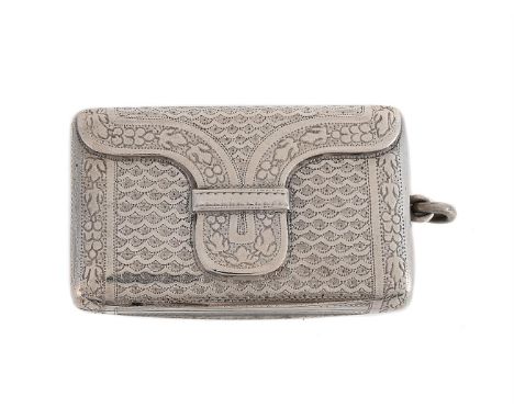 
	
		A GEORGE III SILVER PURSE SHAPED VINAIGRETTE
		MATTHEW LINWOOD, BIRMINGHAM 1816
		Engraved with foliate bands and guillo
