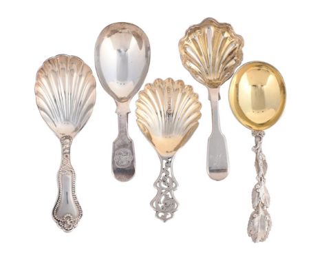 
	
		FIVE VICTORIAN SILVER CADDY SPOONS
		To include: a fiddle pattern caddy spoon by Francis Higgins II, London 1859, engrav