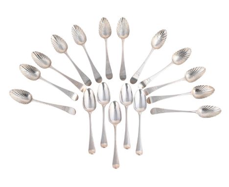 
	
		A SET OF TWELVE GEORGE III OLD ENGLISH PATTERN TEA SPOONS
		JOHN EMES, CIRCA 1800
		With shell shaped bowls and engraved