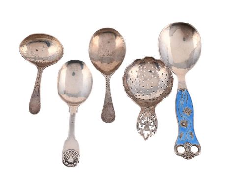 
	
		FIVE SILVER CADDY SPOONS
		To include: a William IV fiddle and shell pattern caddy spoon, maker&#39;s mark ... .w, Londo