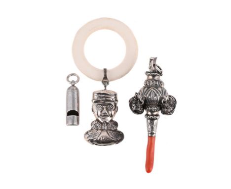 
	
		Y&nbsp;THREE SMALL SILVER ITEMS
		To include: a Victorian rattle, no apparent maker&#39;s mark, Birmingham 1879, the whi