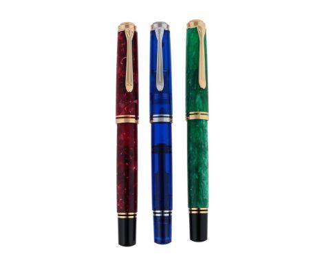
	
		PELIKAN, SOUVERAN, THREE FOUNTAIN PENS
		
		SOUVERAN M800, VIBRANT GREEN
		Cap and Barrel: Mottled green resin with gilt