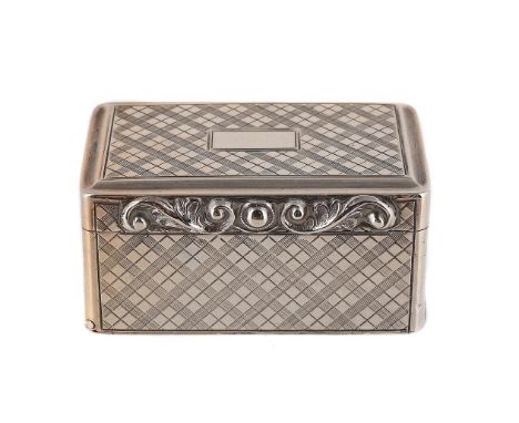 
	
		A WILLIAM IV SILVER RECTANGULAR NUTMEG GRATER
		TAYLOR &amp; PERRY, BIRMINGHAM 1836
		Engraved with lattice decoration, 
