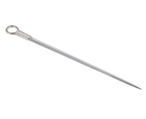 
	
		A GEORGE IV SILVER MEAT SKEWER
		MARY CHAWNER, LONDON 1836
		With a reeded loop handle
		33cm long
		132g (4.25 oz) 
		
