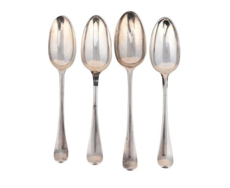 
	
		FOUR GEORGE III HANOVERIAN PATTERN TABLE SPOONS
		To include: a pair of table spoons by Ebenezer Coker, London 1755, eng