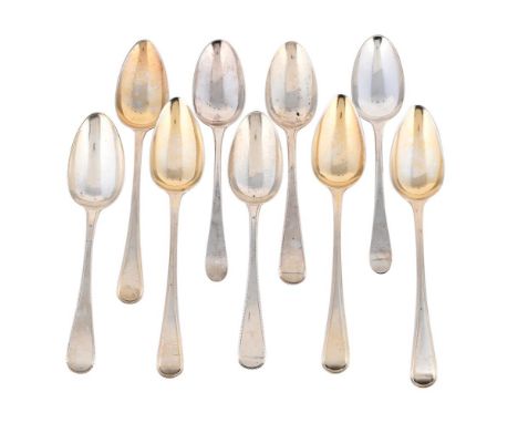 
	
		NINE OLD ENGLISH PATTERN TABLE SPOONS
		To include: two George III feather edge table spoons by Paul Storr, London 1811,