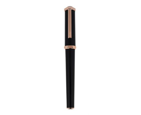 
	
		CARTIER, SANTOS DUMONT
		A ROLLERBALL
		Cap and Barrel: Black resin with rose gold plated bands and clip, numbered L1023