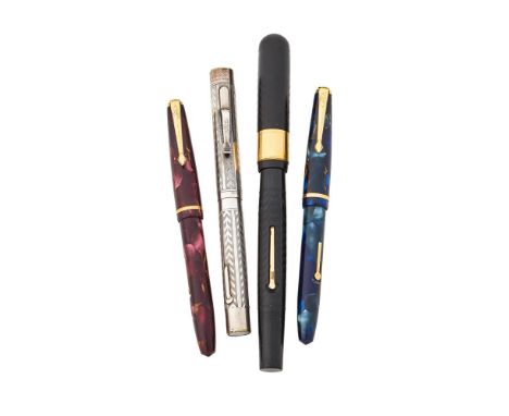 
	
		FOUR FOUNTAIN PENS
		
		To include:
		SWAN, SELF FILLER
		A black fountain pen, the cap with gilt cap band, No. 2 size n