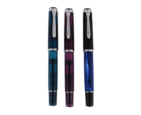 
	
		PELIKAN, M205, THREE FOUNTAIN PENS
		
		CLASSIC BLUE MARBLE
		Cap and Barrel: Blue marbled barrel with black cap
		Nib a