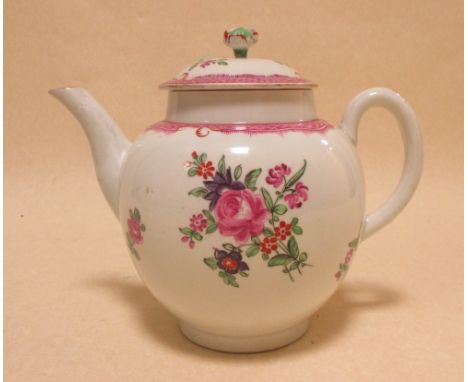 An 18th century Worcester pink scale floral tea pot and cover 