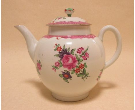 An 18th century Worcester pink scale floral tea pot and cover 