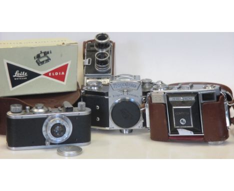 An Ernst Leitz Wetzlar DRP No. 353395, a Leitz Wetzler Eldia (boxed), a Zeiss Ikon Contessa, Paillard Bolex cine cam etc 