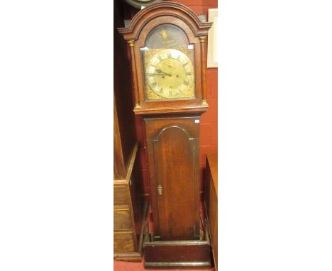 A George III oak long case clock, 8 day striking movement, signed Raymond, Huntingdon, with punting subject automaton - damag