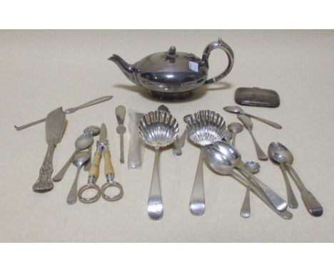 A silver scallop bowl spoon marked for Hester Bateman, worn date letter with a Victorian butter knife, cigarette case and a f