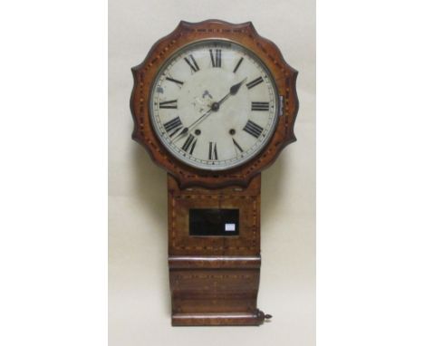 A 19th century inlaid mahogany drop dial wall clock with enamel dial 