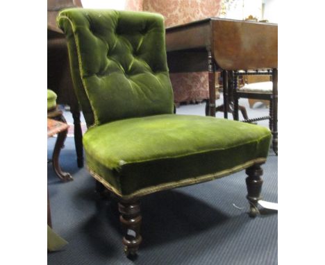 A Victorian nursing chair, together with a bucket on stand, a brass standard lamp and a mahogany footstool 