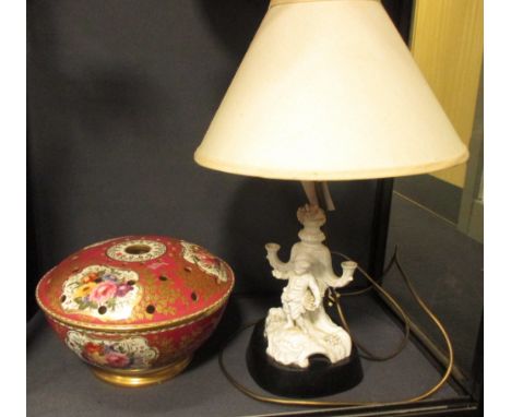 A 19th century Coalport type pot pourri bowl and a figural table lamp 