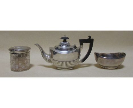 A silver bachelor's teapot, together with a silver bowl, Chester and a silver topped jar, London 