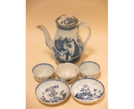 A Lowestoft fisherman pattern coffee pot, two saucers and two tea bowls matching one saucer (6) 