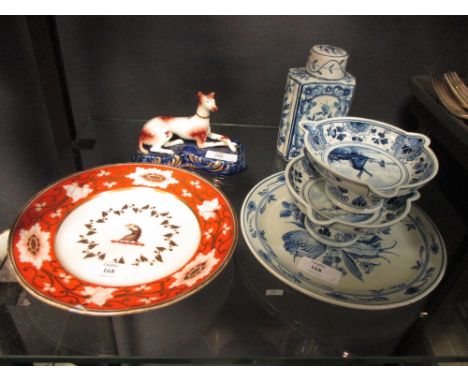 A mid 19th century porcelain greyhound, Chamberlain's Worcester crested plate, Delftware and lamps 