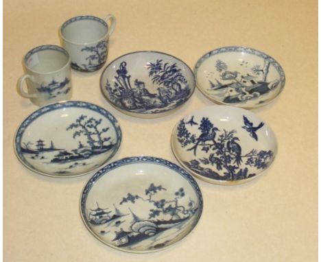 An 18th century Caughley blue and white trio, another Worcester, two coffee cups and saucers and a tea bowl and saucer 