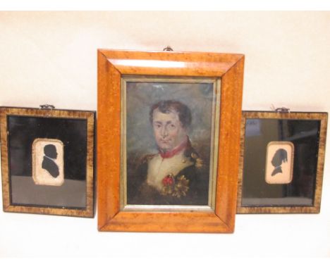French School (19th Century) - Portrait of Napoleon, oil on panel, in a maple frame, 19 x 13 cm; together with two silhouette