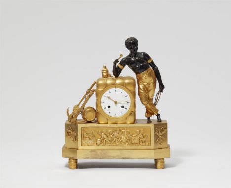 Pendule "au matelot"Feuervergoldete und brünierte Bronze, Draht, farbiges Glas (Augen), weißes Emailzifferblatt. Das Uhrwerk 
